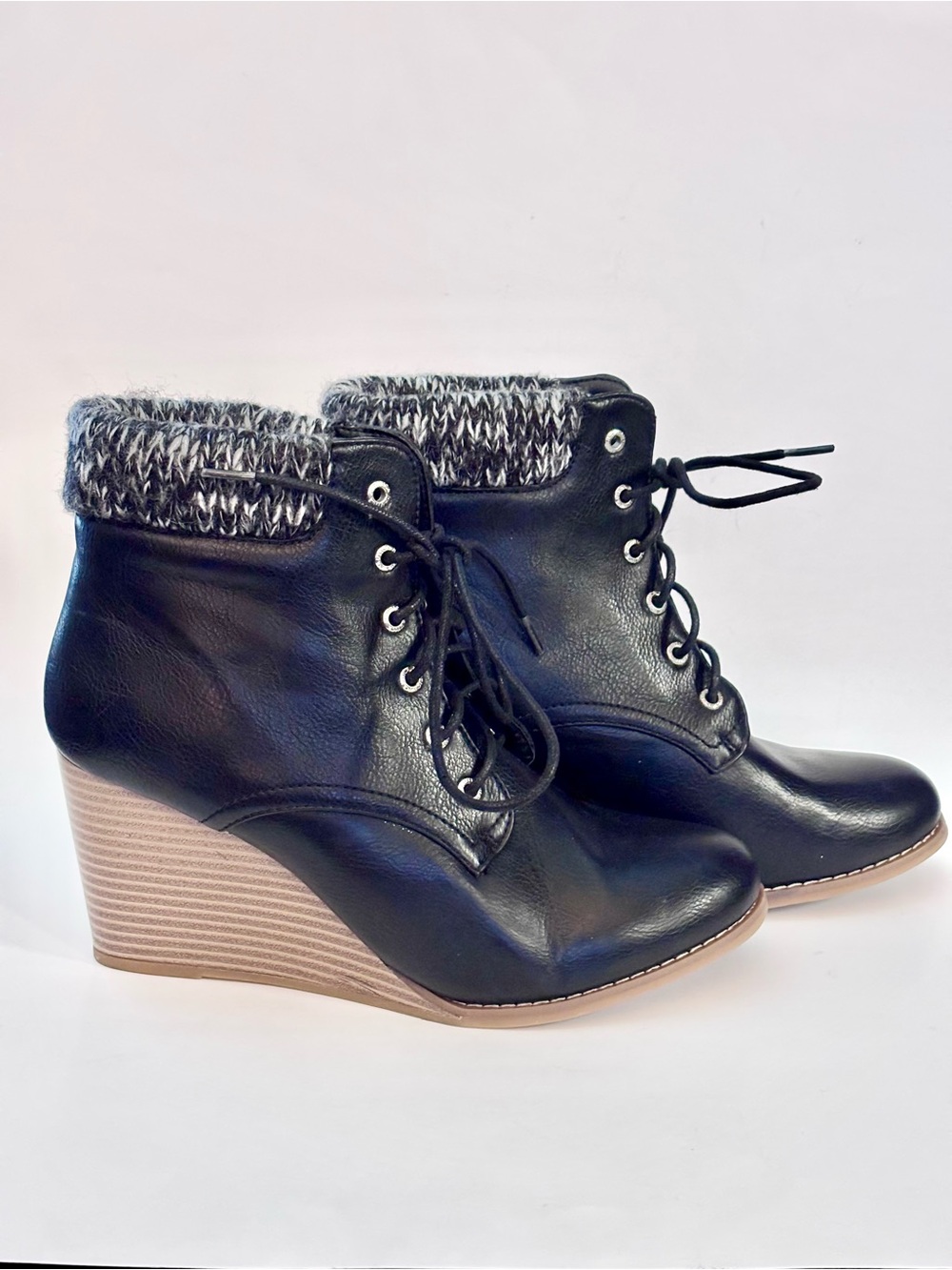 Nautica Black Leather Lace-Up Wedge Booties with Knit Cuff